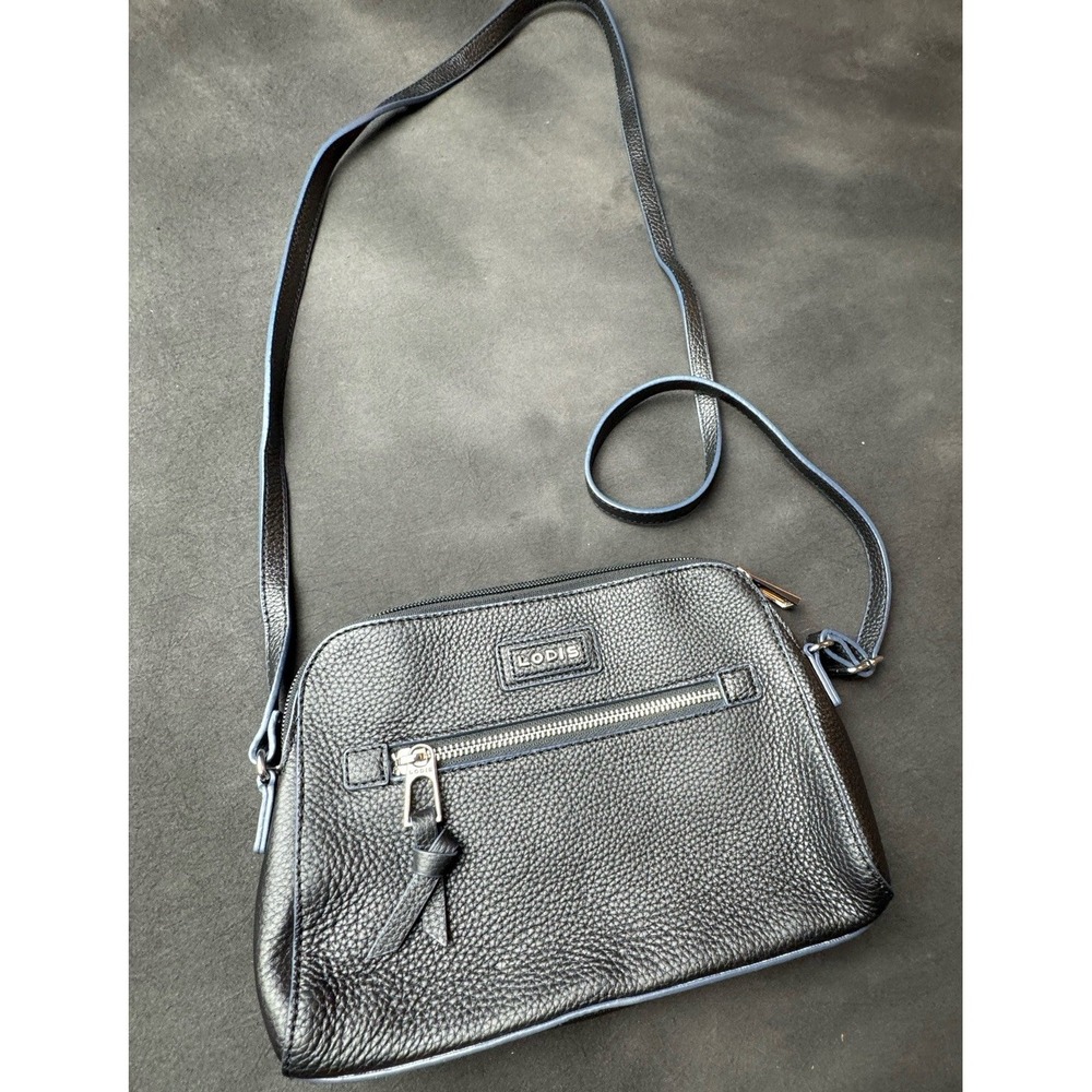 LODIS Charlotte Pebble Leather Medium Crossbody‎ Bag Black Navy Trim Adjustable